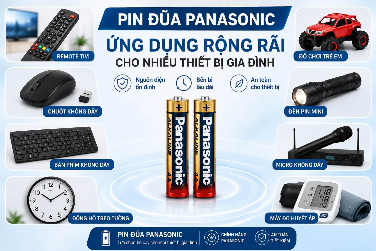 Pin đũa Panasonic có thể sử dụng cho rất nhiều thiết bị điện tử trong gia đình, văn phòng và học tập.